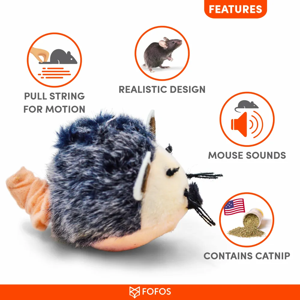 Barkbutler x Fofos Pull String & Sound Chip Mouse Shaped Electronic Toy for Cats (Grey)