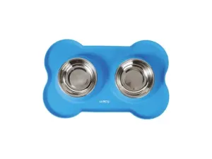 Duet Stainless Steel Bowls With Silicone Mat 400ml X 2 -Blue Pets Qatar