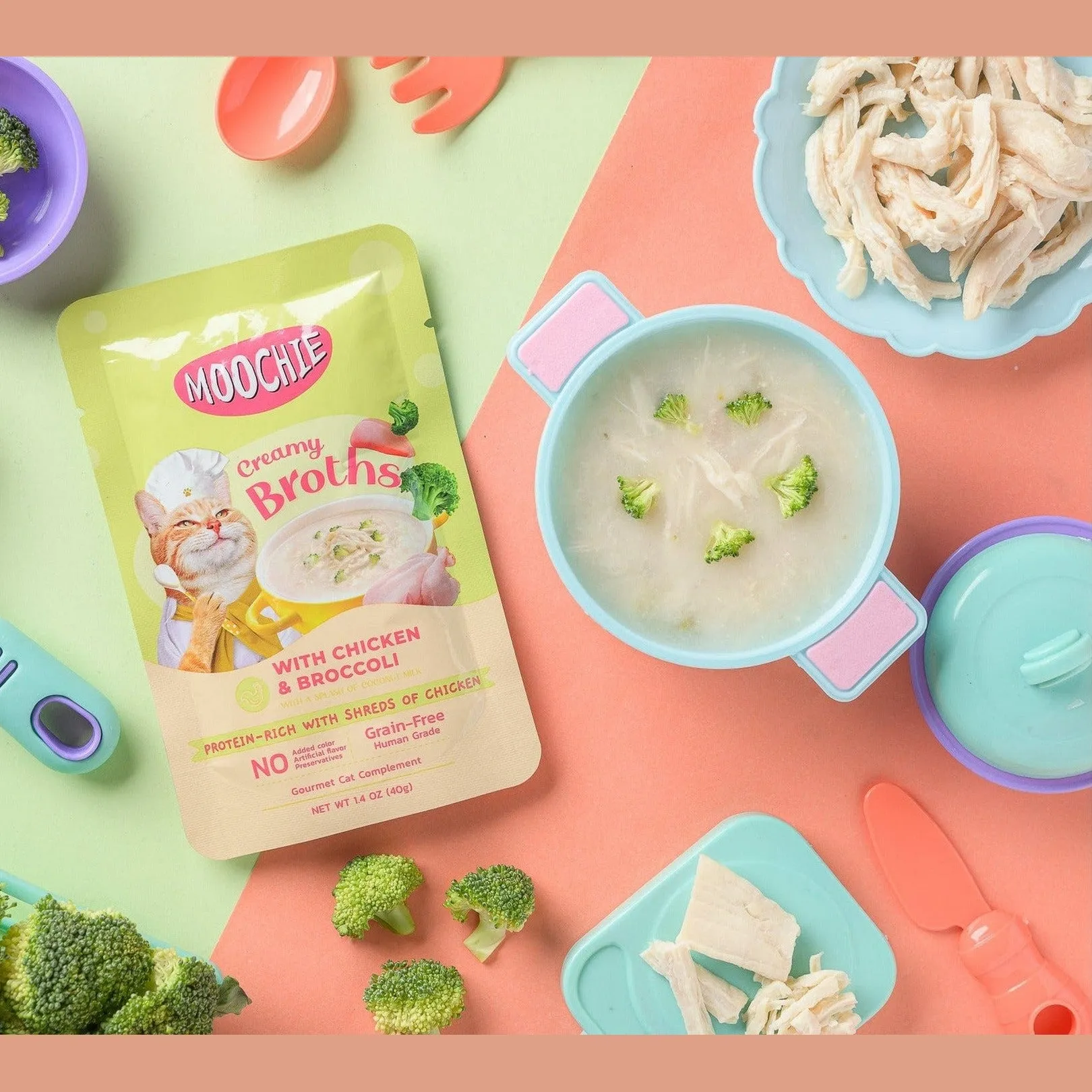 Moochie Broth Chicken & Broccoli 16x40g Pouchs Pets Qatar