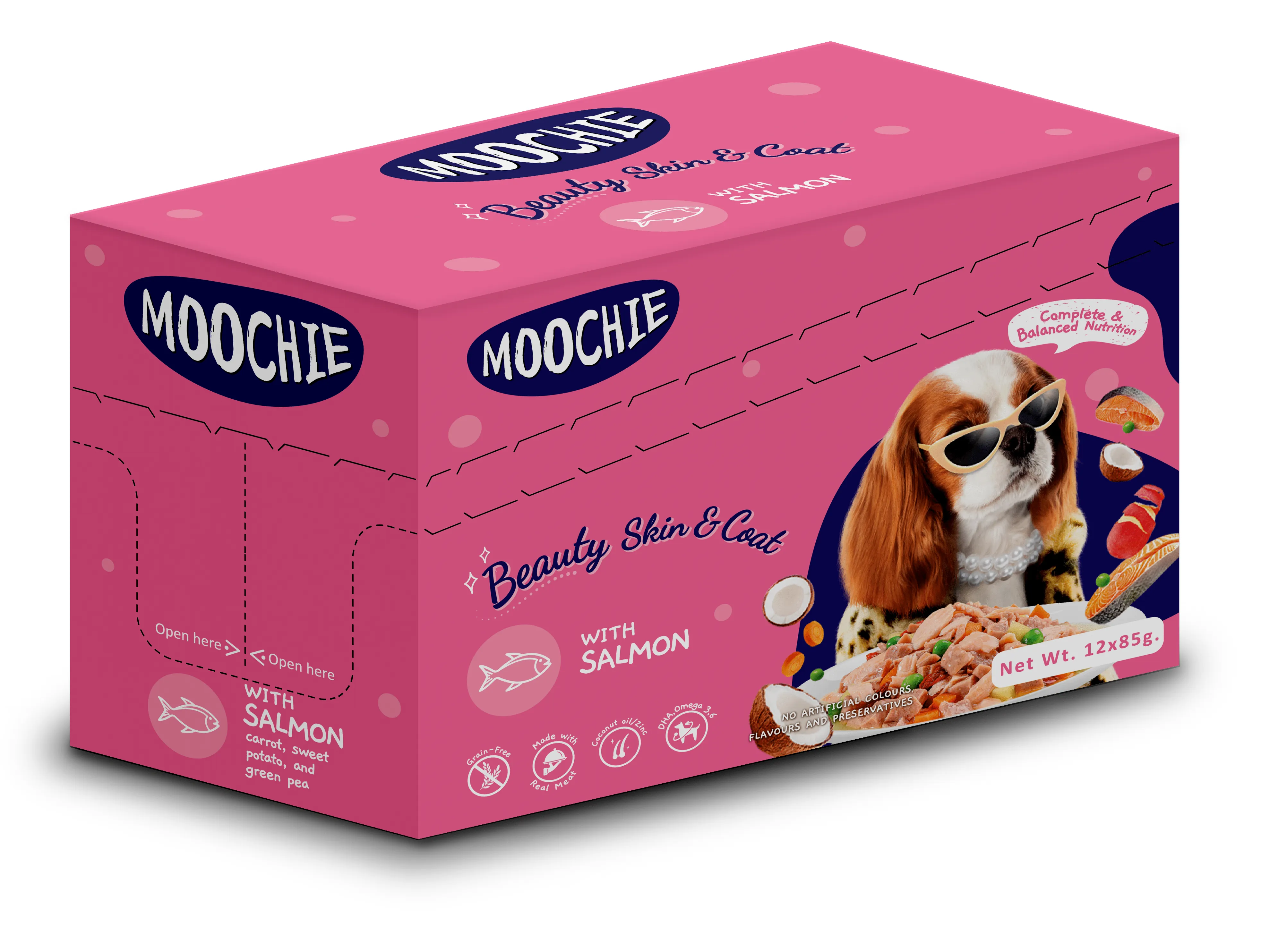Moochie CASSEROLE WITH SALMON (BEAUTY SKIN ) 12x85g Pouchs Pets Qatar