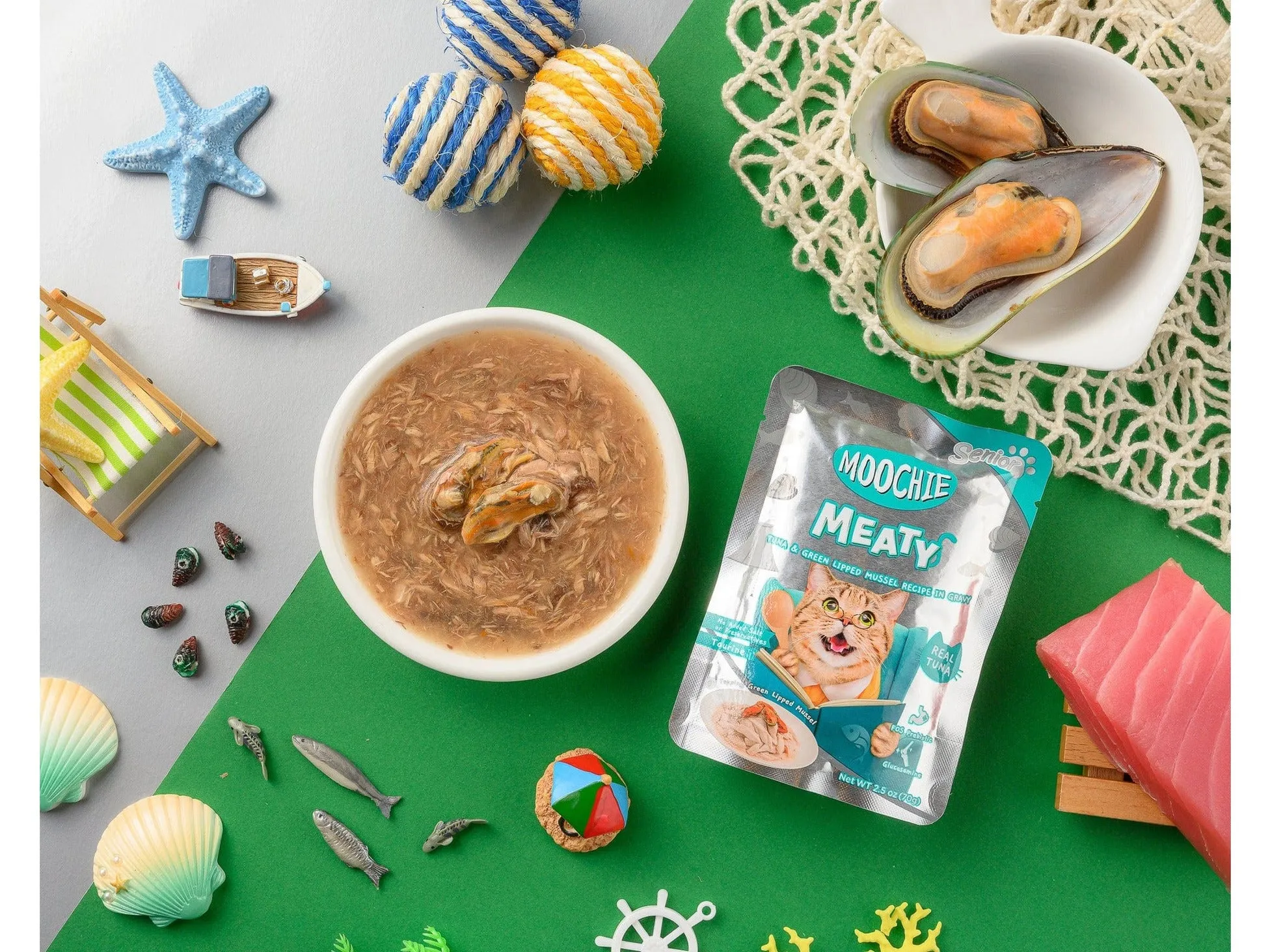 Moochie Meaty Tuna &Green Lipped Mussel Recipe In Gravy  70G  Pouch Pets Qatar