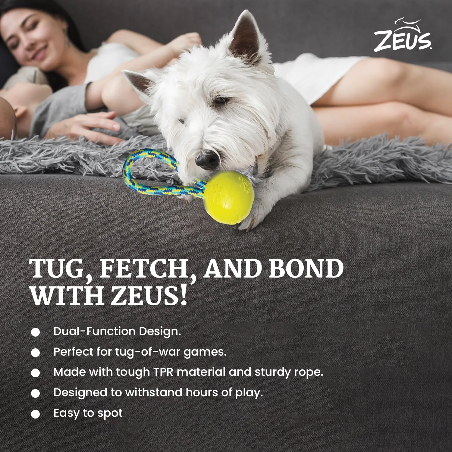 Zeus Rope Ball Tug with Single Hand Loops Toy for Dogs (Blue)